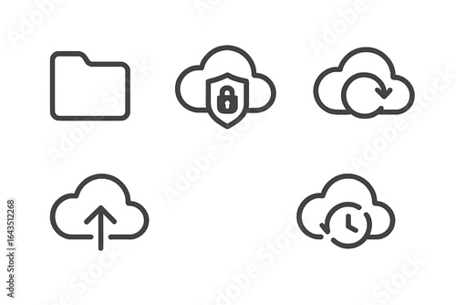 Cloud storage icons representing file organization, security, and backup options for digital management systems