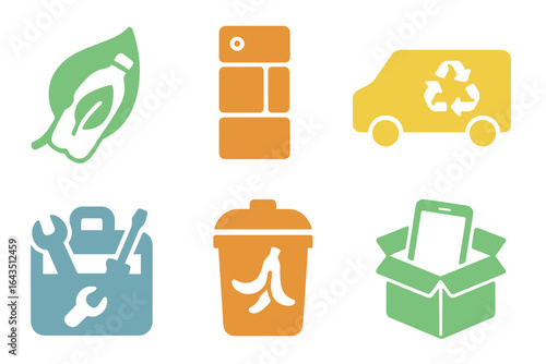 Recycling symbols and tools for sustainable waste management during a community cleanup event in an urban area