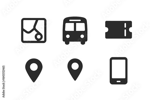 Transportation icons displaying map, bus, ticket, location markers, and smartphone in a minimalist design