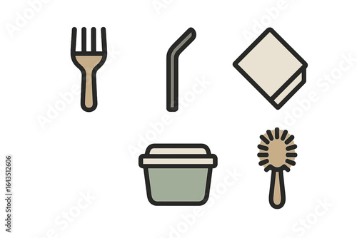 Dietary tools for meal preparation, including a fork, straw, napkin, container, and cleaning brush in minimalist design