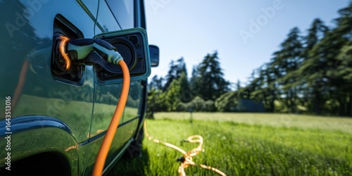 The electric vehicle charging in a serene green landscape surrounded by nature.