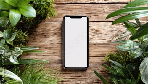 Blank phone screen, wooden table, greenery, nature, app mockup