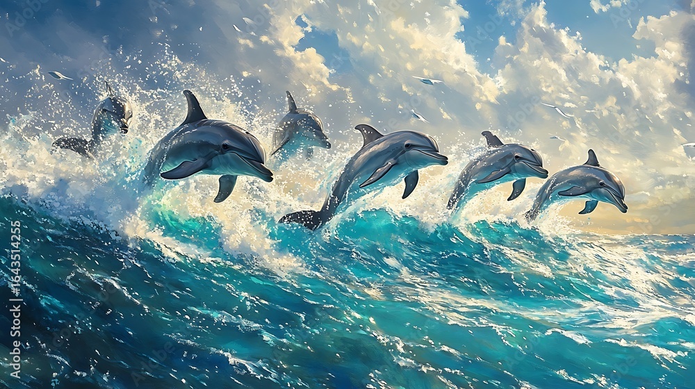 Fototapeta premium Dolphins leaping through ocean waves under cloudy sky