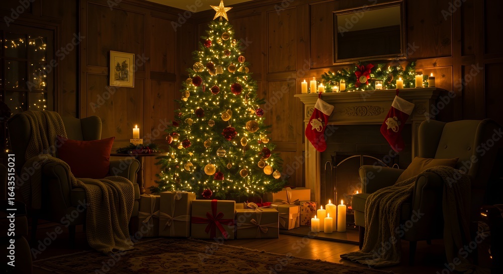 Fototapeta premium Warm Christmas Living Room with Decorated Tree, Fireplace, and Festive Ambiance