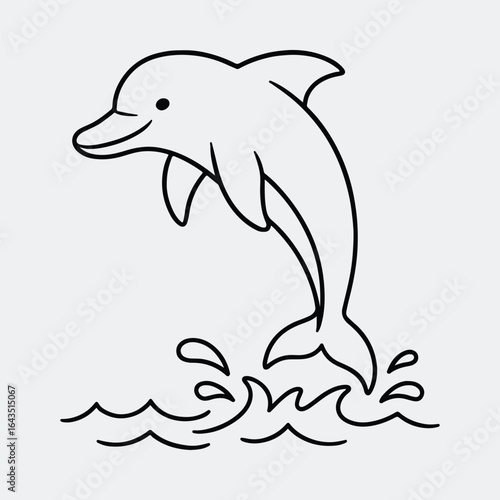 Silhouette dolphin jumping out of ocean waves line art vector illustration
