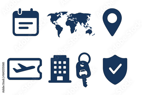 Travel planning icons for itinerary creation, hotel bookings, and transportation in global travel