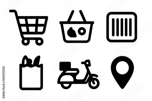 Shopping symbols representing various activities and services related to delivery in a modern setting