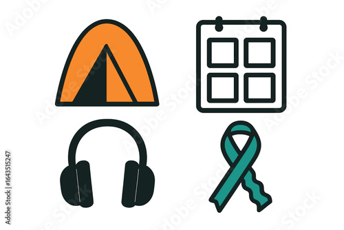 Camping essentials including tent, calendar, headphones, and awareness ribbon for outdoor events