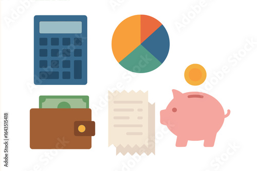 Budgeting tools include calculator, wallet, pie chart, piggy bank, and receipts on a white background for personal finance management