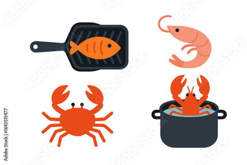 Cooking seafood with a variety of crustaceans and fish in a pot and on a grill for a delicious feast