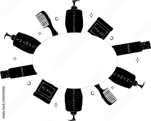 Shampoo, hair conditioner, mask, comb Hair treatment oval frame. Vector graphic line ink template illustration. Place for your text, logo For branding cosmetics, magazines, blogs on body care