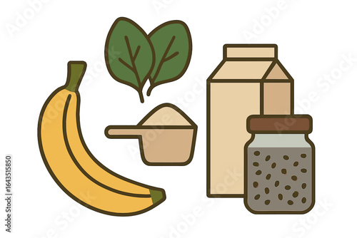 Ingredients for a healthy smoothie featuring banana, spinach, milk, and chia seeds on a clean white background
