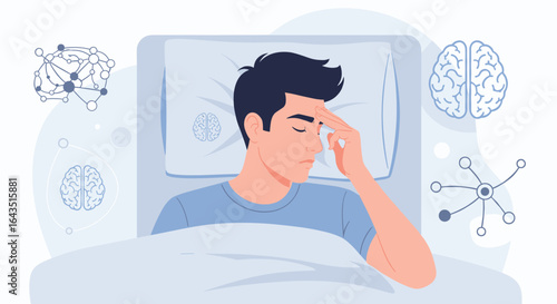 Man in Bed with Headache: Suffering from Stress and Brain Activity, Top View Illustration