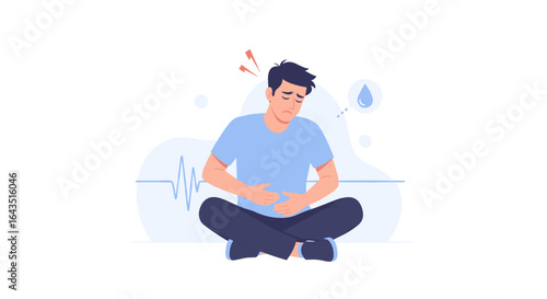 A man holds his stomach in pain, sitting cross-legged. The illustration depicts a healthcare concept with a light blue color scheme. He has a headache and appears uncomfortable.