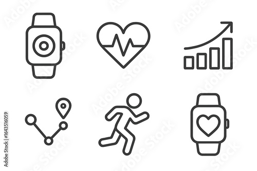 Fitness tracker icons display health metrics, location tracking, and workout statistics for personal wellness improvement