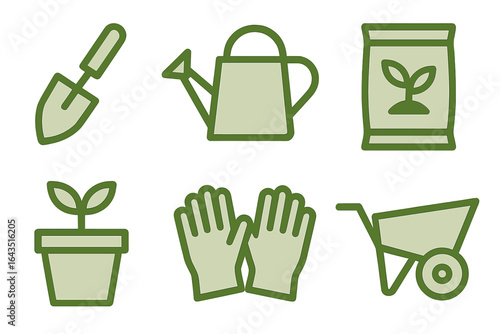 Gardening tools and supplies arranged in a flat layout for home gardening enthusiasts and beginners