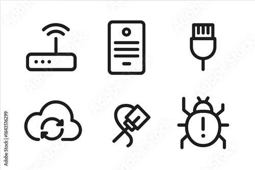 Icon set depicting technology concepts related to connectivity, data, and troubleshooting