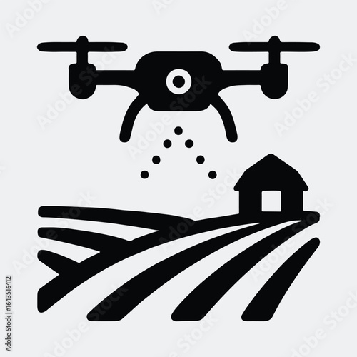 Silhouette drone spraying field crops near house vector illustration