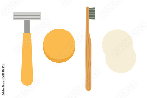 Toothbrush, shaving razor, and personal care items on a clean surface in a modern bathroom setting