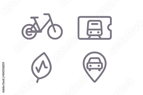 Icons representing various modes of transportation including cycling, public transit, and car services created for a modern urban environment