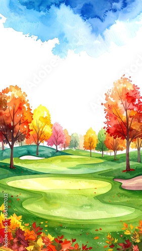 Autumnal golf course scene with colorful trees.