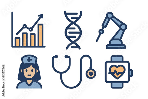 Various healthcare icons illustrating advancements in technology and medical practices in modern healthcare settings