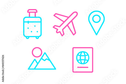 Travel icons representing vacation essentials and activities for wanderlust lovers and adventurers