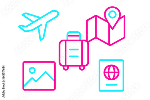 Travel symbols including airplane, suitcase, map, and passport highlight essential items for a successful journey