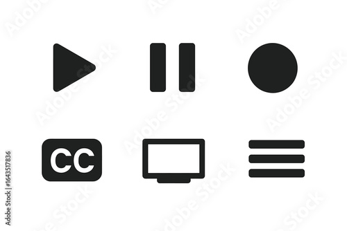 Various media control icons representing play, pause, stop, and options for viewing content in a digital interface