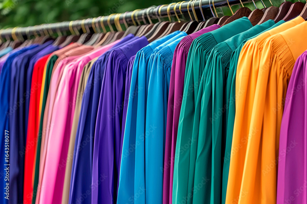 Fototapeta premium - Row of colorful shirts hanging on a rack in front of a backdrop of trees. Commercial illustration artwork for business applications. High-resolution. Premium quality. Professional.