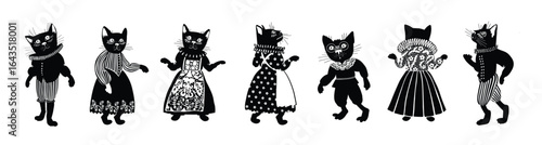 Medieval Cats in Vintage Costumes Vector, Halloween Black Cat Illustration