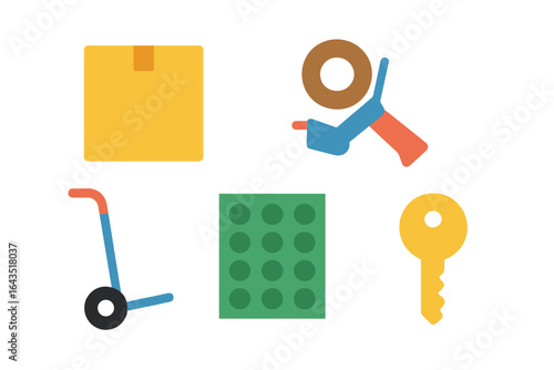 Various tools and items used for shipping and delivery tasks displayed on a white background