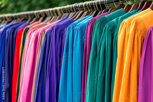  - Row of colorful shirts hanging on a rack in front of a backdrop of trees. Commercial illustration artwork for business applications. High-resolution. Premium quality. Professional.