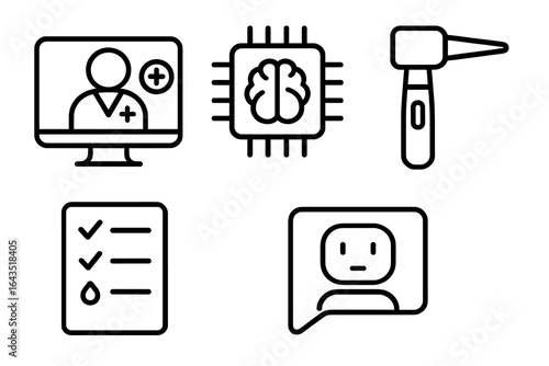 Healthcare technology icons representing telemedicine, monitoring tools, and medical assessments