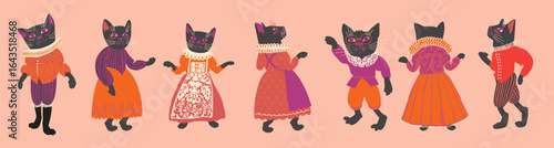 Medieval Cats in Vintage Costumes Vector, Halloween Black Cat Illustration