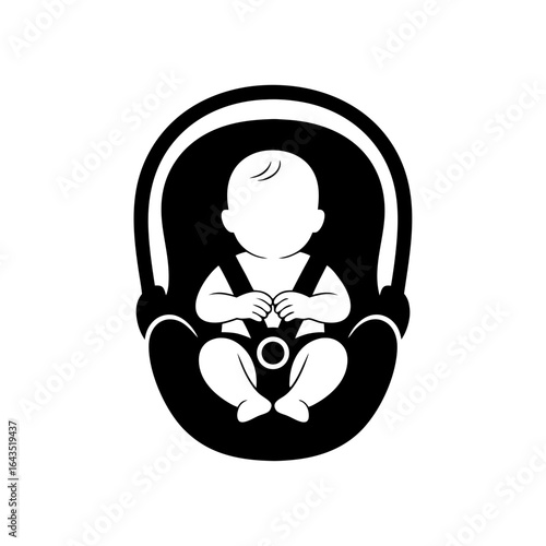 Vector icon of a baby in a child car seat, secured with seat belts.  Child in a safe car seat, transporting children in a car. Protecting and caring for a child while traveling.  Baby in a carrycot