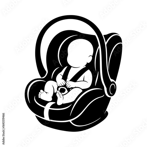 Vector icon of a baby in a child car seat, secured with seat belts.  Child in a safe car seat, transporting children in a car. Protecting and caring for a child while traveling.  Baby in a carrycot