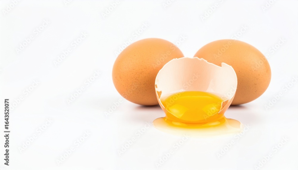 Close-up of brown eggs with one cracked open, showcasing the yolk on a white background, ideal for culinary themes. Close-up of brown eggs with one cracked open, showcasing the yolk on a white background, ideal for culinary themes.