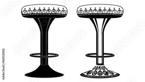 Two bar stools with decorative patterns and foot rests in black and white illustration style design silhouette