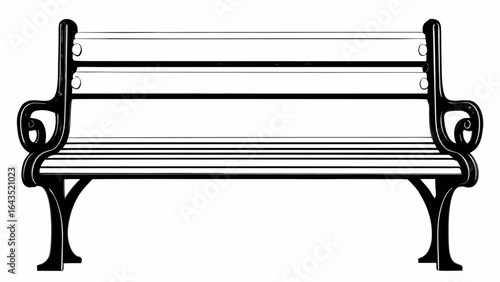 Illustration of a black and white park bench with horizontal slats and decorative armrests design element silhouette
