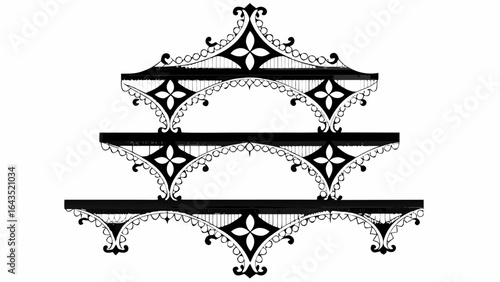 Detailed black and white illustration of a three tiered decorative shelf with floral accents design silhouette