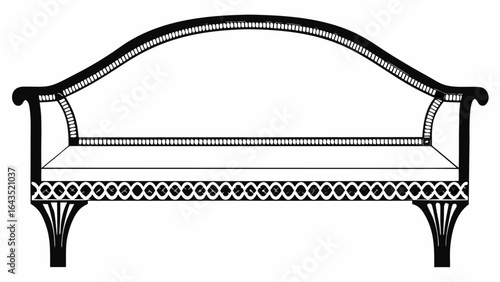 Illustration of a black and white elegant sofa with curved back and decorative base pattern design style silhouette
