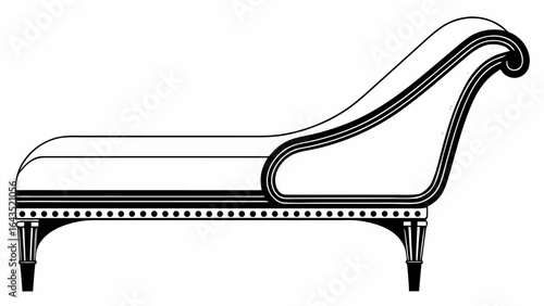 Illustration of a chaise lounge with a curved back and decorative legs in a black and white color scheme silhouette
