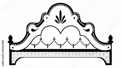 Detailed decorative headboard with floral and geometric patterns in black and white design style silhouette