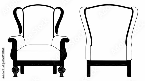 Illustration showcasing two wingback chairs, one from the front and one from the back, in black and white silhouette