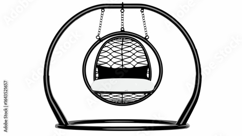 A black metal frame egg chair with white cushion and pillow suspended by chains in a white background silhouette