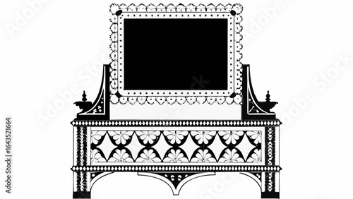 Ornate vanity mirror with floral and geometric patterns in black and white illustration style image art silhouette