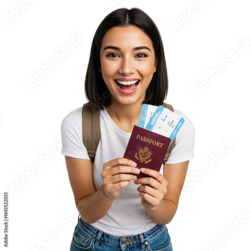 Excited woman ready for her trip, holding passport and boarding passes.