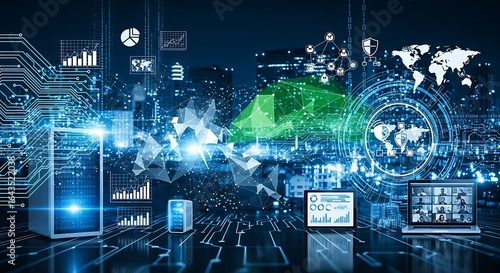 Digital transformation showcasing servers, laptop, tablet, and city skyline background view