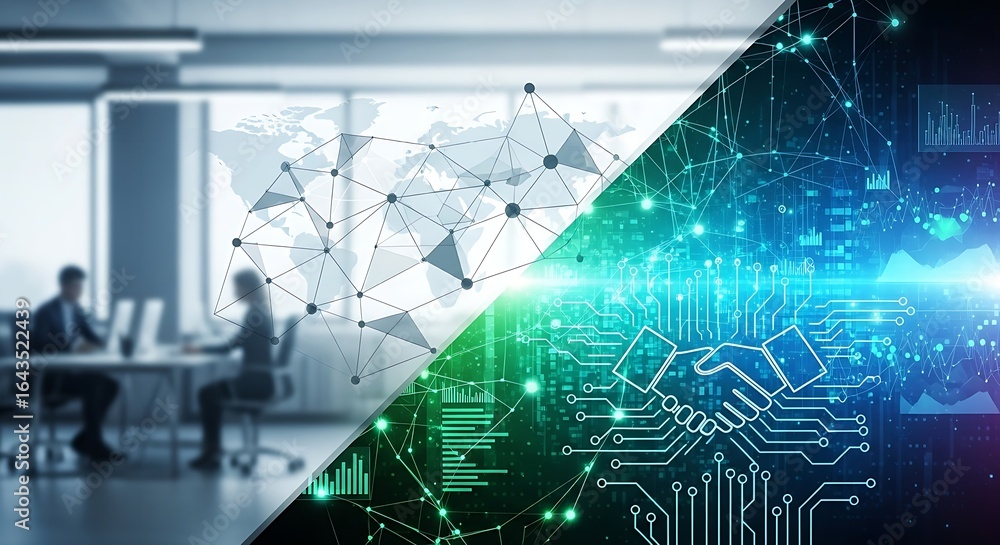Naklejka premium A split view of business meeting and digital handshake with connected network and data visualization